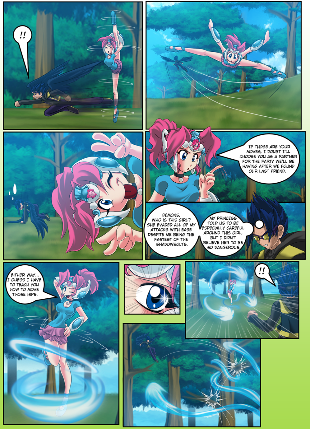 angry breaking_the_fourth_wall clothed clothing comic dancing dialog english_text eyewear female fight flirting friendship_is_magic goggles hair human humanized male mammal mauroz my_little_pony pink_hair pinkie_pie_(mlp) shadowbolts_(mlp) text tiara tongue tongue_out transformation water