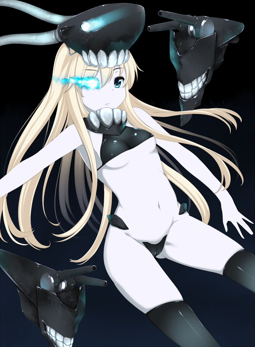 bare_arms black_background black_legwear blonde_hair blue_eyes breasts cannon commentary highres kantai_collection kiyomin long_hair medium_breasts pale_skin shimakaze_(kantai_collection) simple_background solo teeth thighhighs underboob very_long_hair
