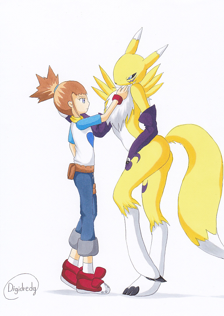 black_sclera blue_eyes butt chest_tuft claws clothed clothing digidredg digimon fur gloves hair human mammal plain_background renamon rika_nonaka side_view standing tuft white_background white_fur yellow_fur