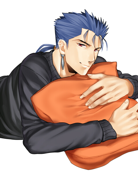 bad_id bad_pixiv_id blue_hair earrings fate/stay_night fate_(series) jewelry lancer long_hair male_focus mitsuki_mitsuno pillow ponytail red_eyes solo sweater