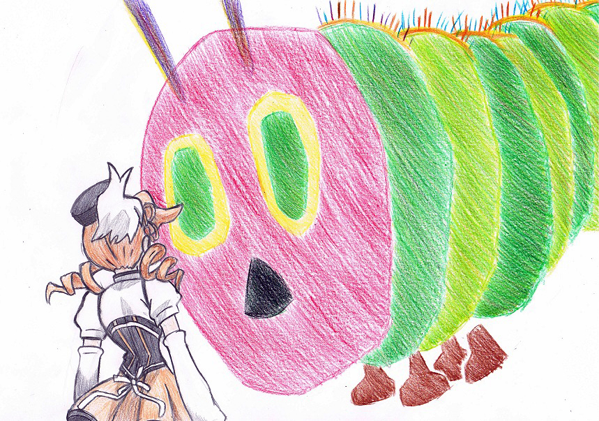 beret blonde_hair bow bug caterpillar corset detached_sleeves drill_hair from_behind green_eyes hair_ornament hat hiraichi insect mahou_shoujo_madoka_magica mami_mogu_mogu pleated_skirt puffy_sleeves skirt the_very_hungry_caterpillar tomoe_mami traditional_media twin_drills twintails