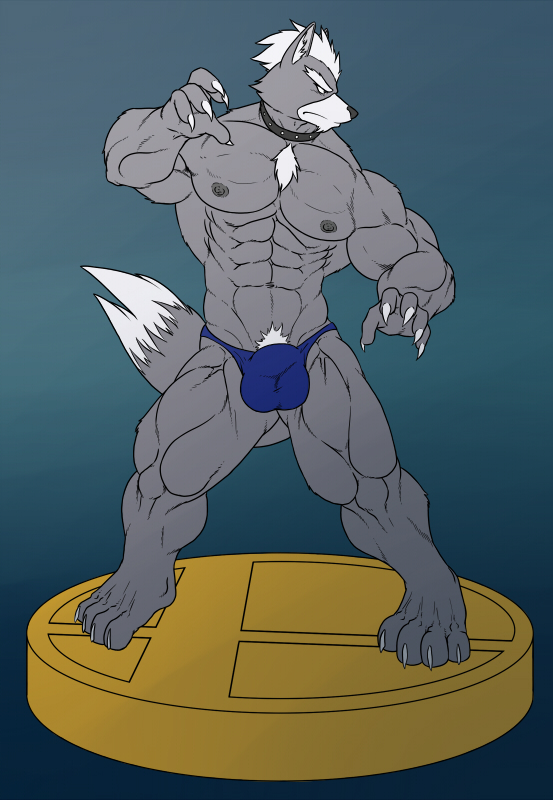 anthro biceps big_muscles black_nose bulge canine chest_tuft claws collar fur grey_fur grey_nipples hair kyuuhari male mammal muscles nintendo nipples pecs pose pubes solo speedo standing star_fox super_smash_bros swimsuit toe_claws toned topless tuft underwear video_games white_fur white_hair wolf wolf_o'donnell wolf_o'donnell