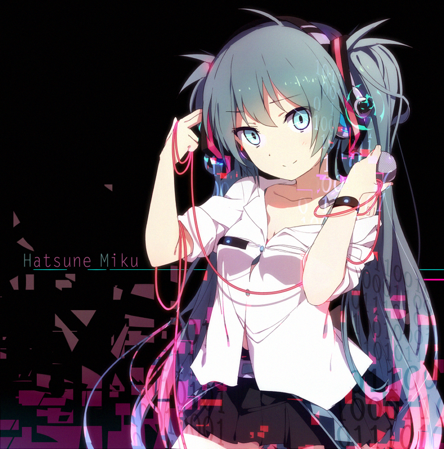 aqua_eyes aqua_hair cable character_name collarbone entangled hatsune_miku headphones long_hair looking_at_viewer off_shoulder ogipote pleated_skirt shirt skirt smile solo twintails very_long_hair vocaloid