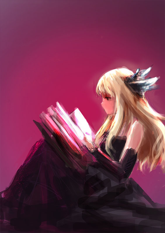 black_hair book detached_sleeves drawfag feathers gwendolyn hair_feathers long_hair odin_sphere open_book reading solo