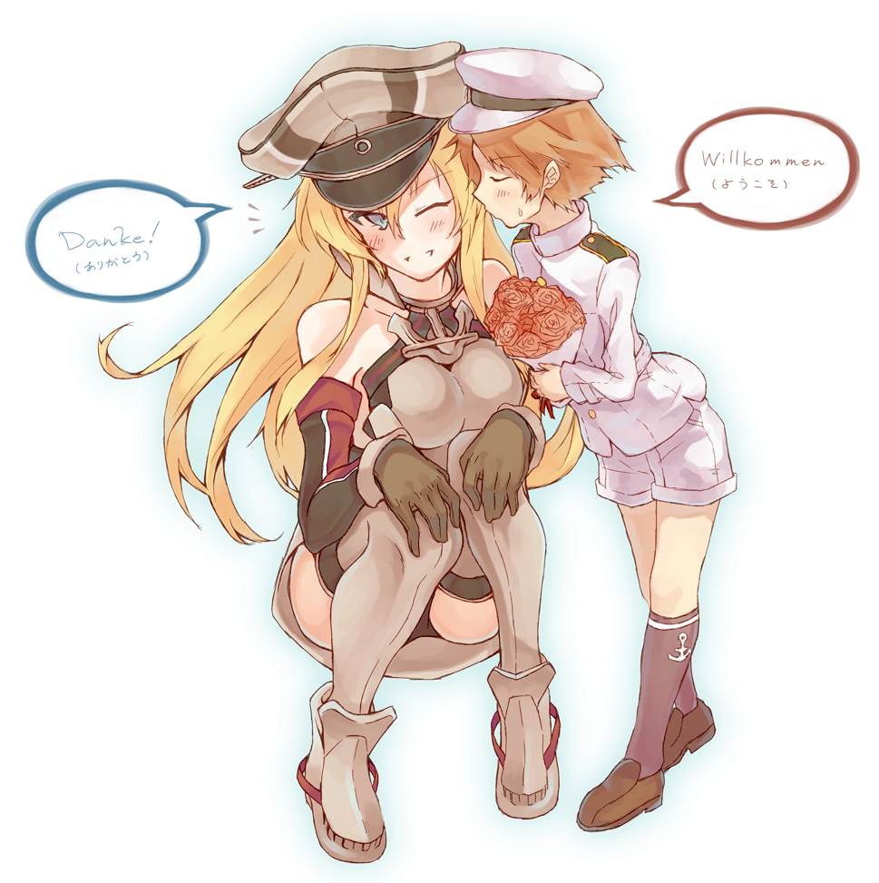 1girl bismarck_(kantai_collection) blue_eyes blush boots bouquet breasts flower german gloves grey_footwear grey_legwear hat kantai_collection kiss large_breasts little_boy_admiral_(kantai_collection) long_hair military military_hat military_uniform mutou_(hai247) one_eye_closed panties peaked_cap sweat text_focus thighhighs translated underwear uniform