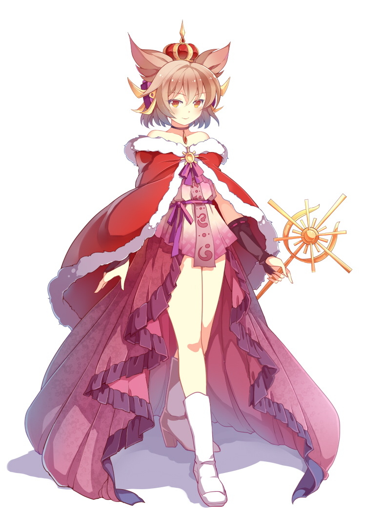 adapted_costume bare_shoulders blonde_hair boots bridal_gauntlets cape crown dress earmuffs full_body pink_dress simple_background smile solo standing touhou toyosatomimi_no_miko white_background yellow_eyes yetworldview_kaze