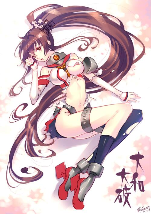 breasts brown_eyes brown_hair character_name elbow_gloves flower gloves hair_ornament kantai_collection large_breasts long_hair lying navel nishimura_eri ponytail solo torn_clothes translation_request very_long_hair yamato_(kantai_collection)