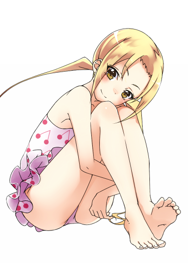 bare_legs barefoot casual_one-piece_swimsuit cherry_print feet food_print frilled_swimsuit frills full_body hagimura_suzu head_tilt knees_to_chest knees_up leg_hug long_hair looking_at_viewer one-piece_swimsuit print_swimsuit seitokai_yakuindomo simple_background sitting smile solo swimsuit touryou twintails white_background yellow_eyes