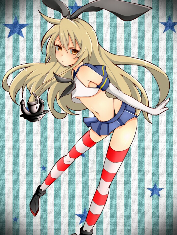 anchor anchor_hair_ornament blonde_hair brown_eyes elbow_gloves gloves hair_ornament hairband kantai_collection long_hair looking_at_viewer mine1225 navel shimakaze_(kantai_collection) skirt solo star starry_background striped striped_background striped_legwear thighhighs vertical-striped_background vertical_stripes white_gloves
