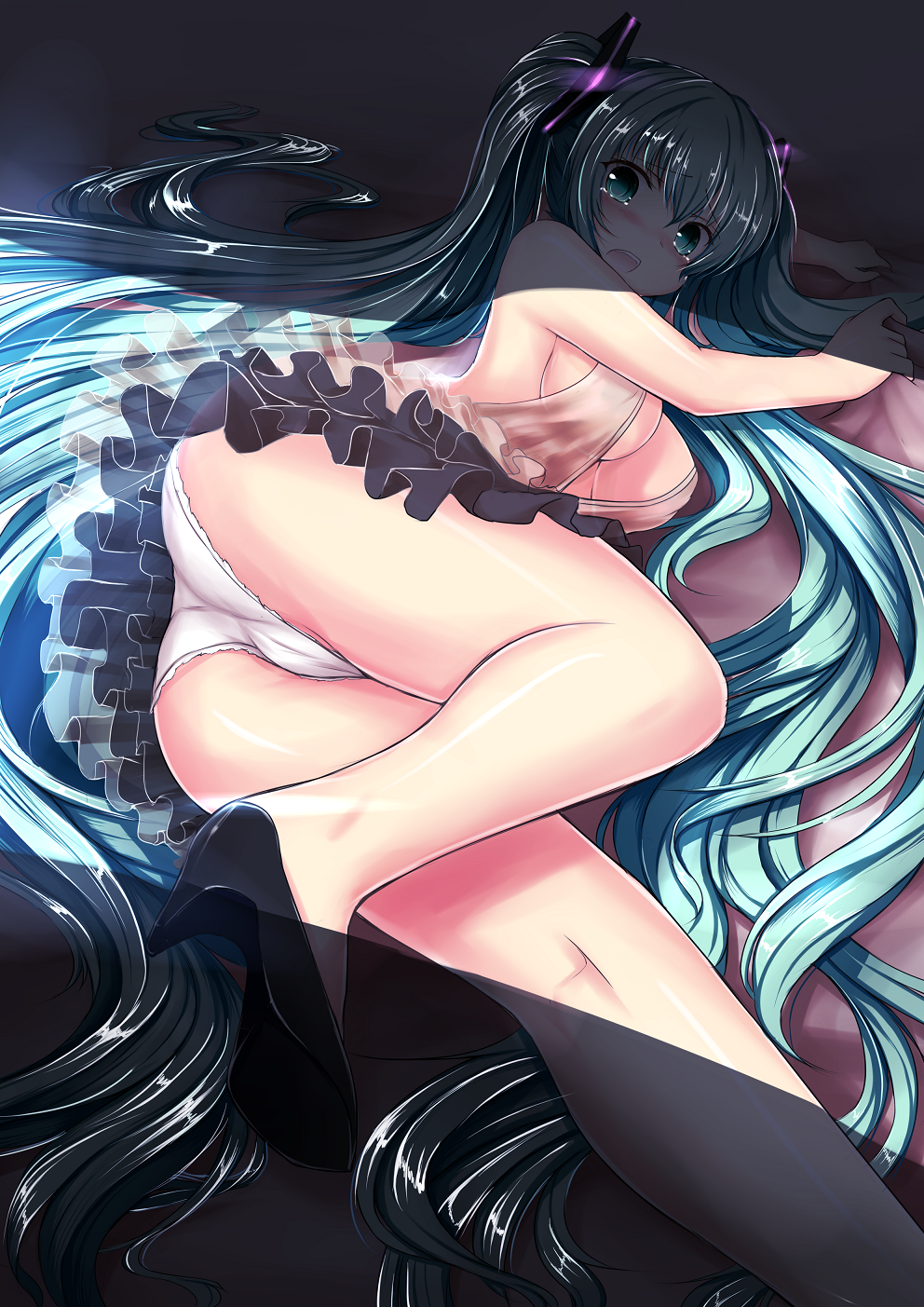 blue_eyes blue_hair blush hatsune_miku high_heels highres long_hair lying open_mouth panties solo tears twintails underwear very_long_hair vocaloid white_panties zheyi_parker