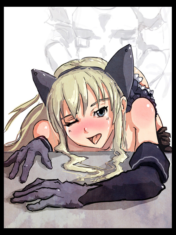 :o ;p animal_ears bare_shoulders black_gloves blonde_hair blue_eyes cat_ears crawling drawfag druaga_no_tou elbow_gloves fatina gloves long_hair looking_at_viewer muffy non-web_source one_eye_closed open_mouth sex simple_background solo_focus sweat tongue tongue_out upper_body white_background wince