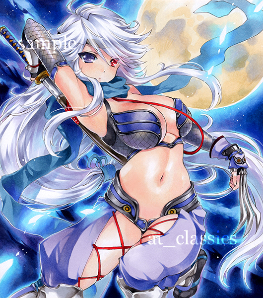 arm_guards arm_up armor at_classics bare_shoulders blue_eyes breastplate breasts cleavage collarbone cowboy_shot cross-laced_legwear full_moon heterochromia katana large_breasts leg_up long_hair looking_at_viewer moon navel original red_eyes silver_hair solo sword very_long_hair weapon