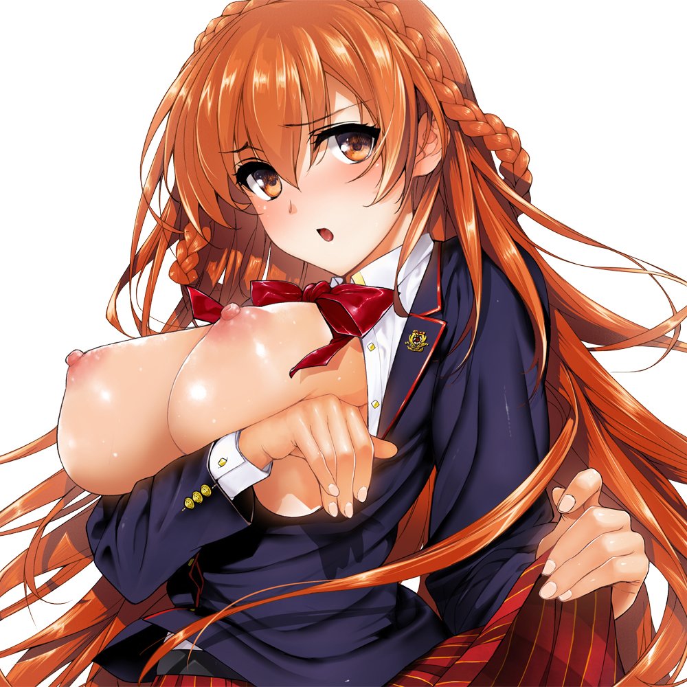 :o badge blush bow bowtie braid breast_hold breasts breasts_outside brown_eyes brown_hair buttons comic_x-eros full-face_blush huge_breasts katsurai_yoshiaki long_hair looking_at_viewer nipples open_mouth school_uniform shiny shiny_skin simple_background skirt skirt_lift solo striped striped_skirt white_background