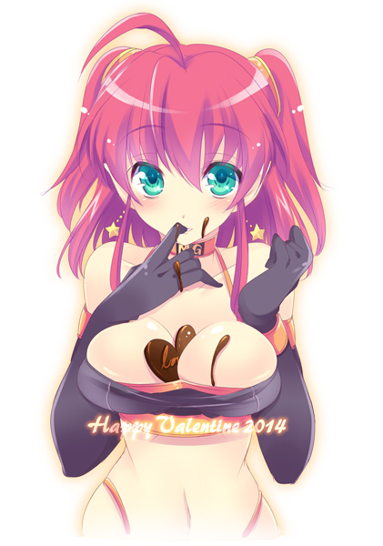2014 ahoge alice_wishheart between_breasts black_bra black_gloves bra breasts chocolate chocolate_heart chocolate_on_breasts choker earrings food_between_breasts gloves green_eyes happy_valentine heart jewelry magical_halloween red_hair short_hair solo star star_earrings tokinon two_side_up underwear upper_body valentine white_background