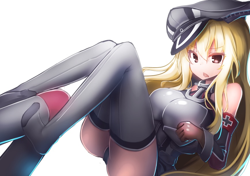 armband bismarck_(kantai_collection) blonde_hair blush boots breasts brown_gloves chestnut_mouth detached_sleeves gloves grey_footwear grey_legwear hat kantai_collection large_breasts long_hair military military_hat military_uniform open_mouth peaked_cap red_eyes sexually_suggestive solo thighhighs tilt-shift torpedo underwear uniform