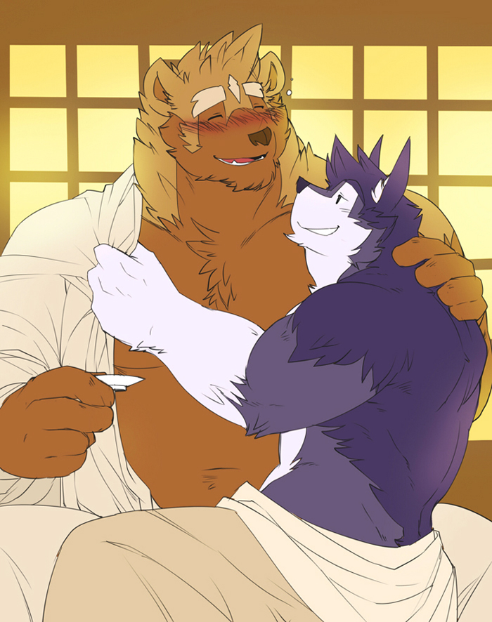 bear biceps big_muscles blush brown_fur caleb_(kokuhane) canine chest_tuft chubby dog duo fur gay gen grin holding huge_muscles husky imminent_sex kokuhane male mammal muscles pecs purple_fur smile topless tuft