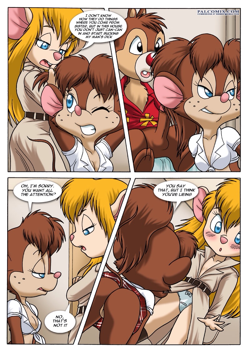 brown_fur chip_'n_dale_rescue_rangers chip_'n_dale_rescue_rangers chipmunk clothing comic dale_(cdrr) dialog disney dress erection female fur gadget_hackwrench imminent_oral leggings legwear lesbian male mammal mouse palcomix penis pulling_hair pussy pussy_juice rodent shirt skirt tanya text underwear