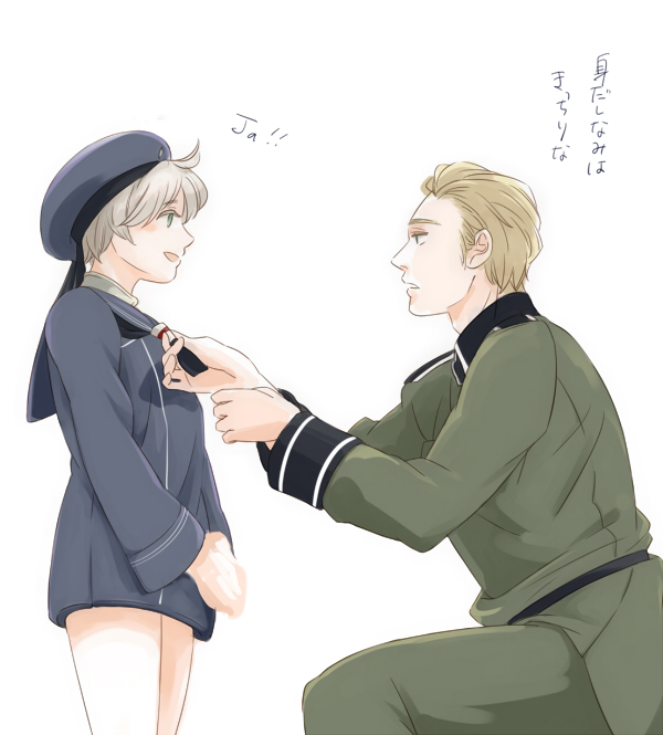 1girl axis_powers_hetalia blonde_hair crossover dress germany_(hetalia) green_eyes hat kantai_collection long_sleeves military military_uniform open_mouth partially_translated ryth_(poplion) sailor_dress sailor_hat short_hair silver_hair translation_request uniform z1_leberecht_maass_(kantai_collection)