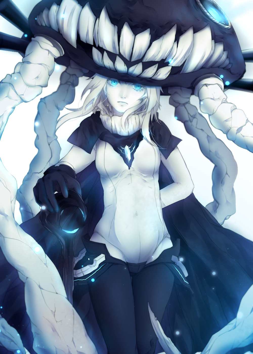 aqua_eyes bad_id bad_pixiv_id can cape crystal eri127 gloves glowing glowing_eyes hands_on_hips hat highres kantai_collection pale_skin shinkaisei-kan short_hair silver_hair solo standing teeth wo-class_aircraft_carrier