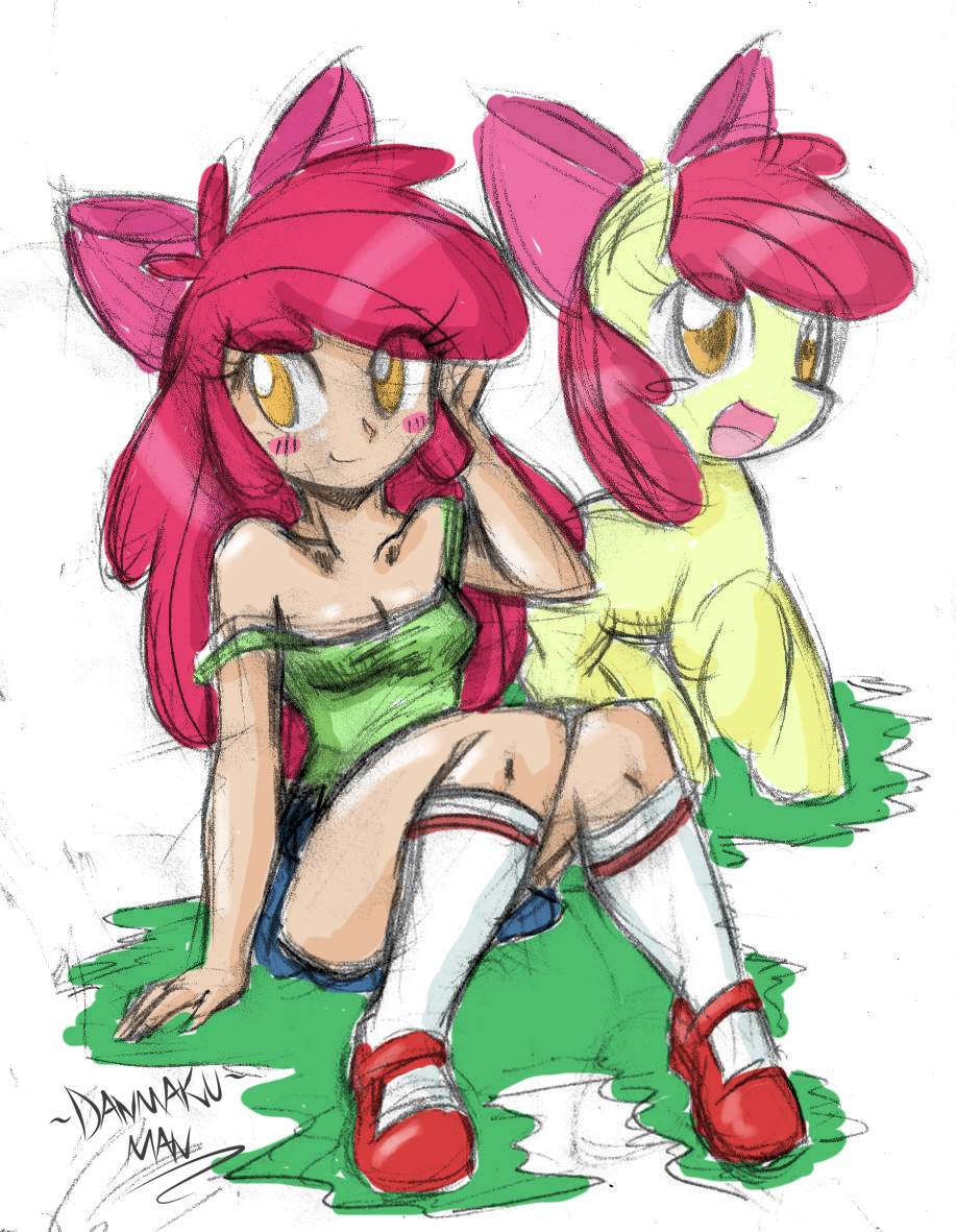 amber_eyes apple_bloom_(mlp) blush bow breasts cleavage clothed clothing danmakuman duo equine female friendship_is_magic hair horse human humanized mammal my_little_pony pony red_hair sitting sketchy skirt smile socks