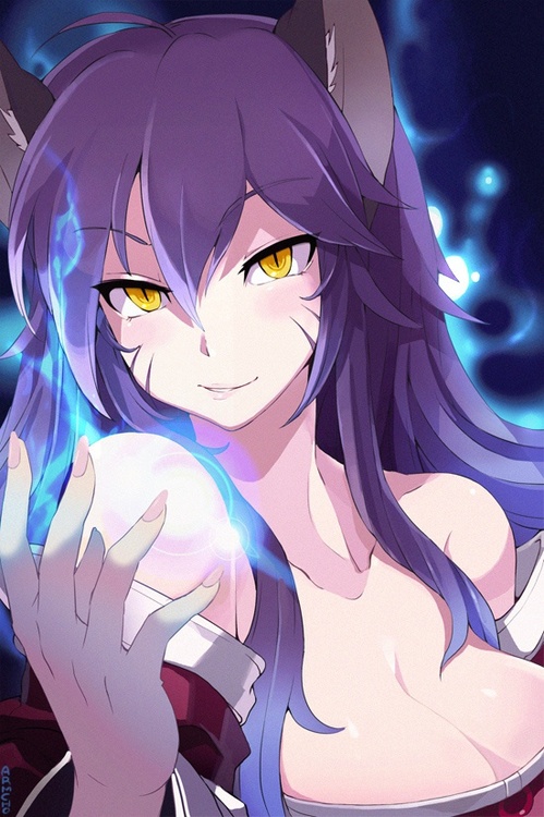 ahri animal_ears artist_request collarbone fox_ears hands league_of_legends looking_at_viewer purple_hair smile solo source_request upper_body yellow_eyes