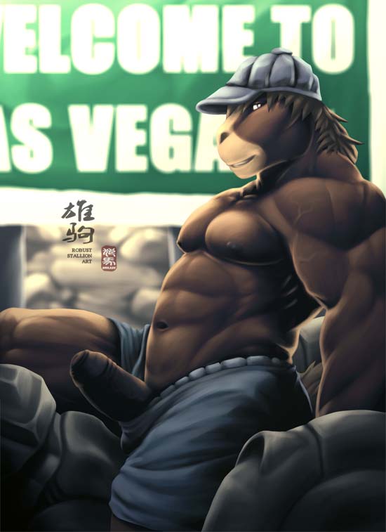 anthro biceps big_muscles brown_fur chinese_text clothing equine erection fur grin hair hat horse humanoid_penis inviting looking_at_viewer male mammal muscles navel nipples pecs penis pose shorts sign sitting solo text toned topless uncut vein wmustang