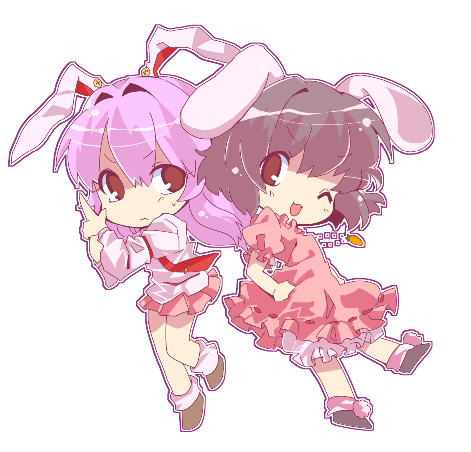 akira_unoie animal_ears armband black_hair bunny_ears carrot chibi dress dress_shirt frown hand_on_hip inaba_tewi index_finger_raised jewelry lavender_hair long_hair long_sleeves looking_at_viewer multiple_girls one_eye_closed open_mouth outline pendant pleated_skirt puffy_short_sleeves puffy_sleeves red_eyes reisen_udongein_inaba shirt short_hair short_sleeves simple_background skirt tie_clip touhou white_background
