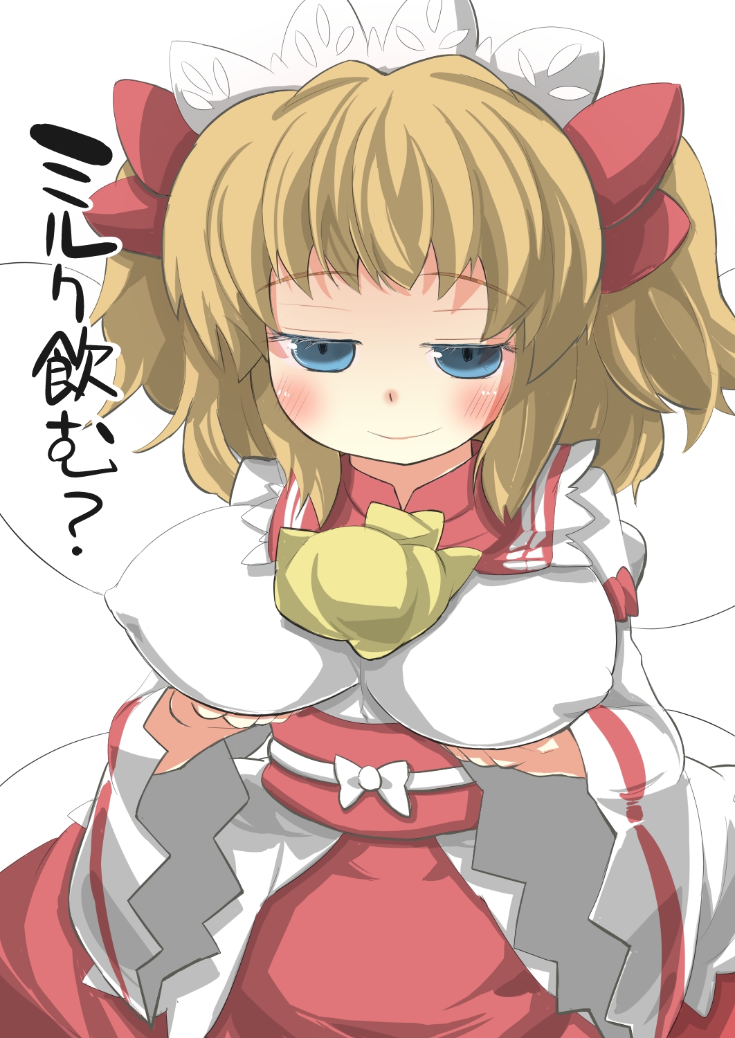 alternate_breast_size blonde_hair blue_eyes blush bow breast_hold breasts covered_nipples dress fairy_wings gaoo_(frpjx283) half-closed_eyes headdress highres large_breasts long_sleeves red_dress simple_background solo sunny_milk touhou translated twintails upper_body white_background white_bow wings