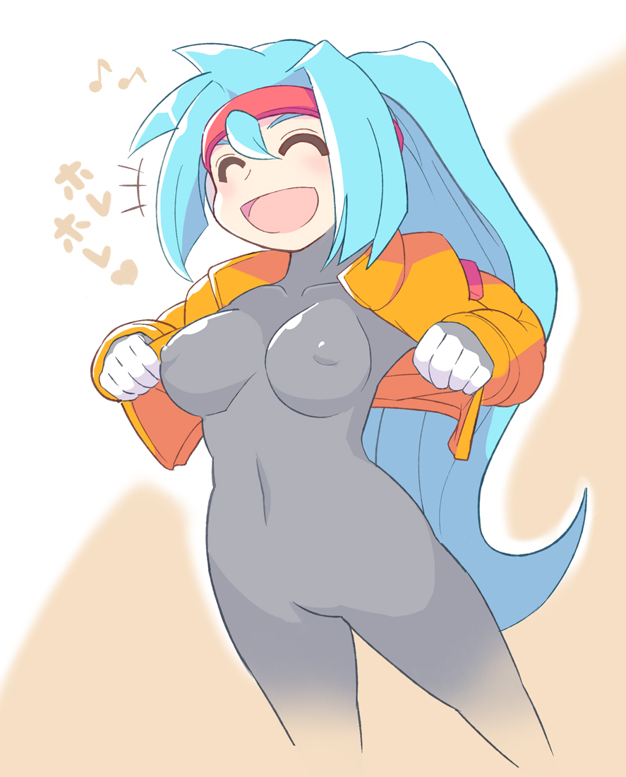 1girl ashe blue_hair bodysuit breasts capcom erect_nipples eyes_closed formal happy hips jacket latex legs machbow midriff navel open_clothes open_jacket open_mouth ponytail rockman rockman_zx skin_tight solo suit vest