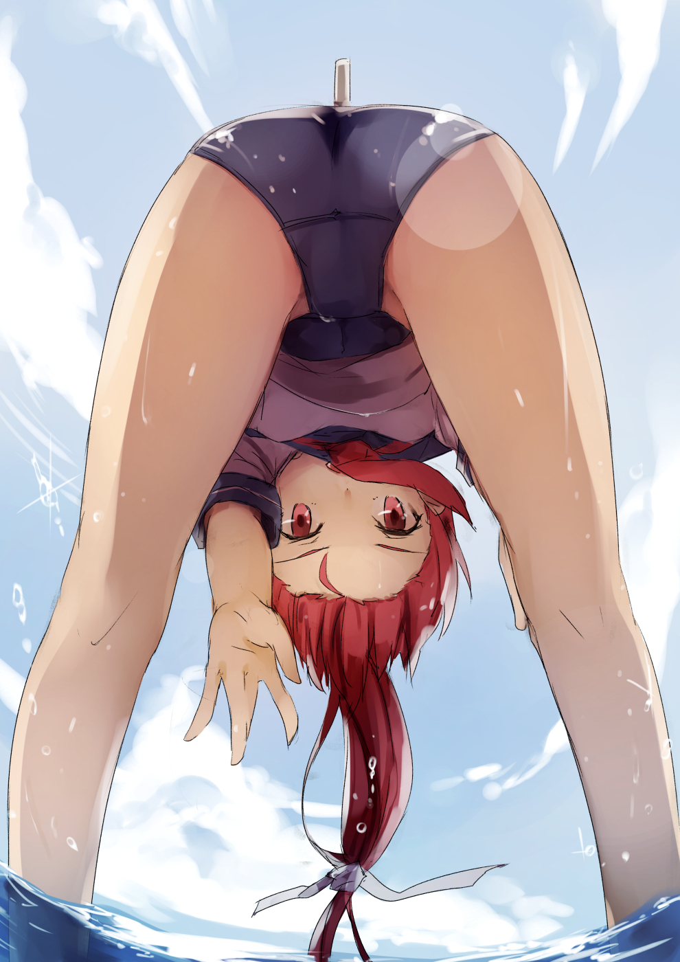 ass bent_over cloud day dress highres i-168_(kantai_collection) kantai_collection kneepits kyouya_(mukuro238) lens_flare long_hair looking_back looking_through_legs outstretched_hand ponytail red_eyes red_hair sailor_dress school_swimsuit short_sleeves sky solo swimsuit upside-down wading water wet