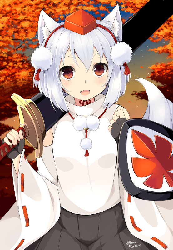 animal_ears blush buckler chin_strap detached_sleeves fingerless_gloves gloves hat inubashiri_momiji leaf open_mouth over_shoulder red_eyes shield short_hair silver_hair solo sword tail tokin_hat touhou wara_(warapro) weapon weapon_over_shoulder wolf_ears wolf_tail