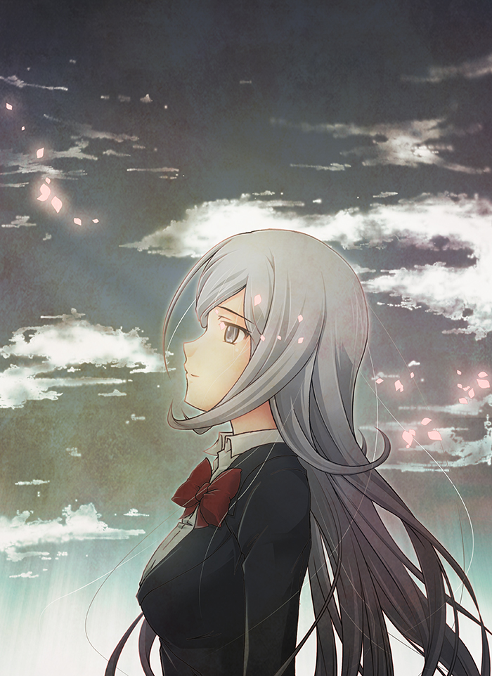 aila_jyrkiainen alternate_costume bow cloud grey_eyes gundam gundam_build_fighters long_hair long_sleeves petals school_uniform silver_hair sky slowpit solo