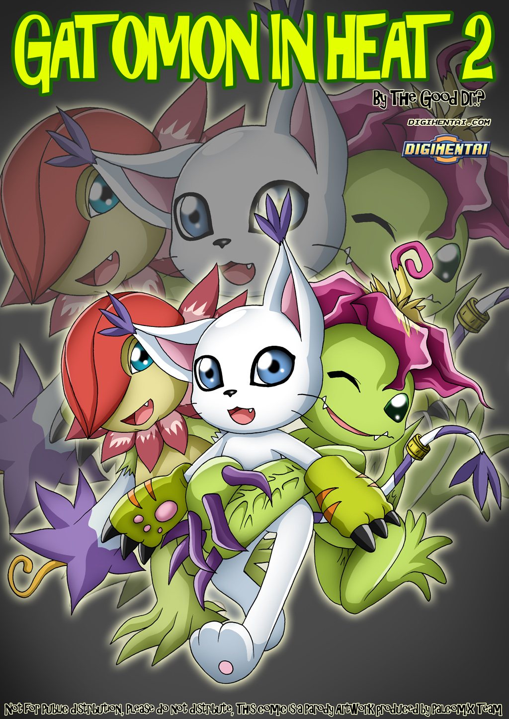 bbmbbf black_nose claws comic digihentai digimon fangs female floramon flower fur gatomon gloves group looking_at_viewer one_eye_closed open_mouth palcomix palmon petals ring simple_background tongue white_fur