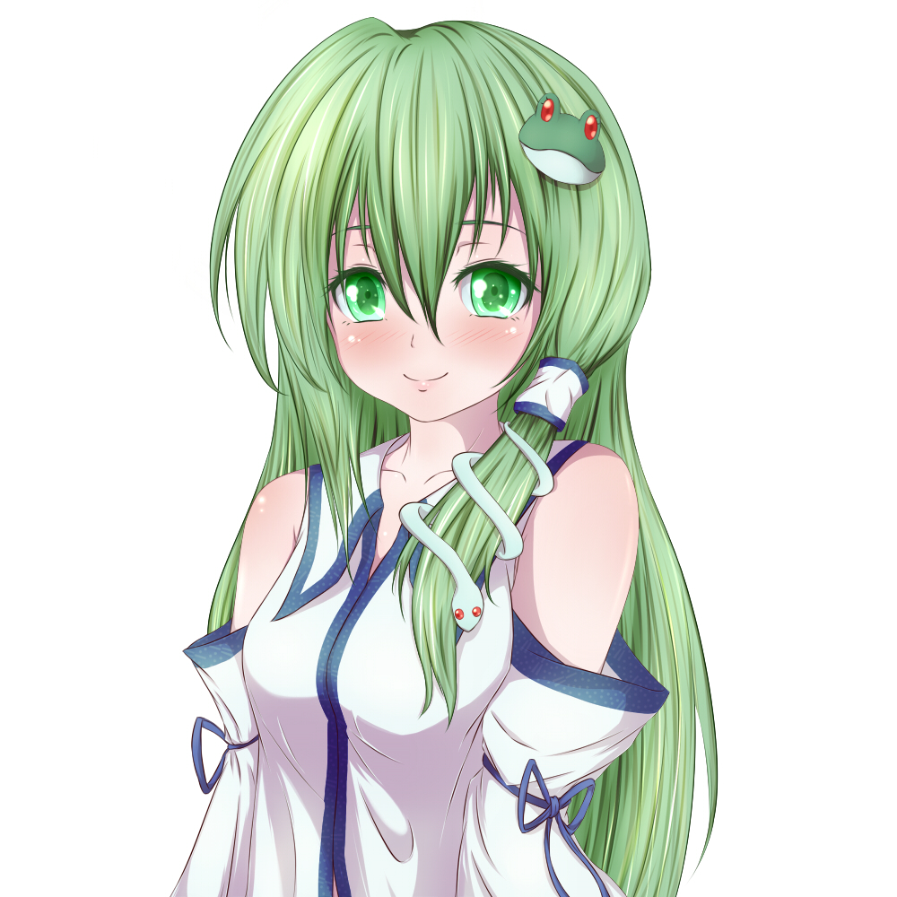 bare_shoulders blush collarbone detached_sleeves eyelashes frog_hair_ornament green_eyes green_hair hair_ornament hair_tubes kochiya_sanae long_hair looking_at_viewer misumo simple_background smile snake_hair_ornament solo touhou upper_body white_background