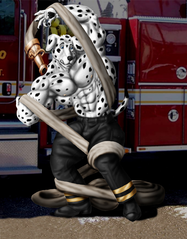 anthro biceps big_muscles black_fur black_nose blue_eyes body_markings boots canine clenched_teeth clothing clumsy dalmatian dog fangs fire_truck firefighter footwear fur hose male mammal markings muscles nipples pants pecs pose solo spots sudonym tangled teeth toned topless uniform white_fur