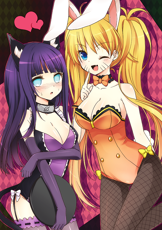 :o ;d animal_ears aqua_eyes bad_id bad_pixiv_id bangs bare_shoulders blonde_hair blue_eyes blunt_bangs blush bow bowtie breast_lift breasts bunny_ears bunny_girl bunny_tail bunnysuit cat_ears cat_tail choker cleavage cowboy_shot earrings elbow_gloves fang finger_to_mouth fishnet_pantyhose fishnets forehead_protector frills garter_straps genderswap genderswap_(mtf) gloves heart hyuuga_hinata jewelry kittysuit konohagakure_symbol lace lace-trimmed_thighhighs large_breasts leg_up long_hair moorina multiple_girls naruko naruto naruto_(series) nose_blush one_eye_closed open_mouth pantyhose purple_gloves purple_hair smile stud_earrings sweatdrop tail thigh_gap thighhighs tray twintails uzumaki_naruto very_long_hair whisker_markings wrist_cuffs