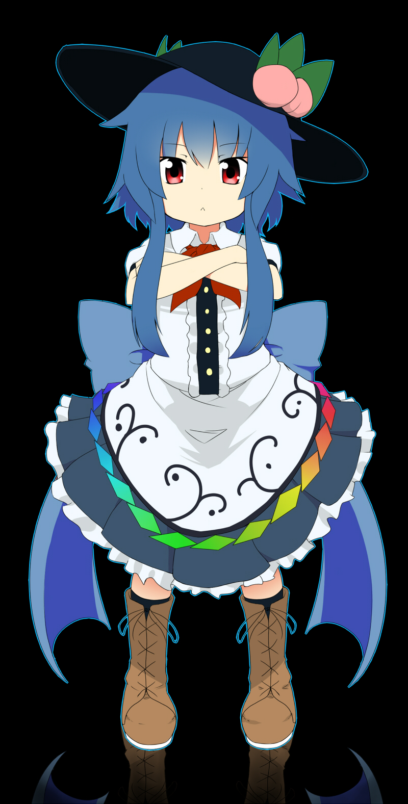 :&lt; alternate_hair_length alternate_hairstyle black_background blue_hair boots cross-laced_footwear crossed_arms food fruit full_body hat highres hinanawi_tenshi lace-up_boots looking_at_viewer mantarou_(shiawase_no_aoi_tori) peach red_eyes short_hair sidelocks simple_background solo touhou younger