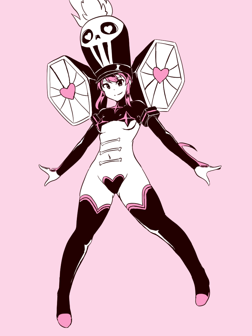 9rimson ass_visible_through_thighs black_legwear boots breasts c-string full_body hat heart jakuzure_nonon kill_la_kill monochrome pink pink_background shako_cap short_hair simple_background small_breasts smile solo speaker spoilers symphony_regalia thigh_boots thighhighs underboob
