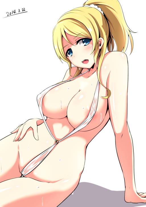areolae arm_support ayase_eli blonde_hair blue_eyes breasts huge_breasts kichihachi long_hair looking_at_viewer love_live! love_live!_school_idol_project open_mouth ponytail sitting slingshot_swimsuit solo swimsuit