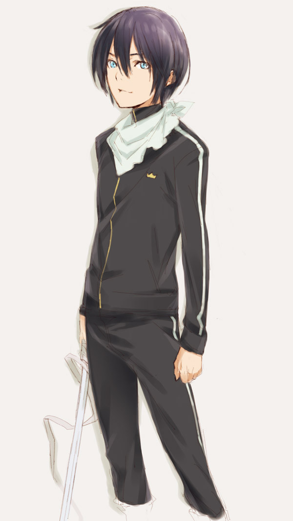 aqua_eyes beige_background black_hair jacket katana kawata_hisashi looking_at_viewer male_focus noragami pants scarf simple_background solo sword track_jacket track_pants track_suit weapon yato_(noragami)