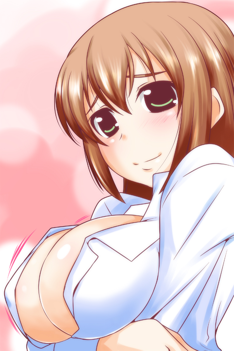 blush breast_hold breasts brown_hair dress_shirt green_eyes highres large_breasts long_hair looking_at_viewer nishi_koutarou open_clothes open_shirt original shirt smile solo upper_body