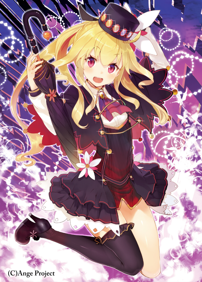 :d ange_vierge ascot black_legwear blonde_hair brooch capelet glint hat high_heels jewelry long_hair open_mouth ponytail purple_eyes shirabi single_thighhigh smile solo thighhighs umbrella