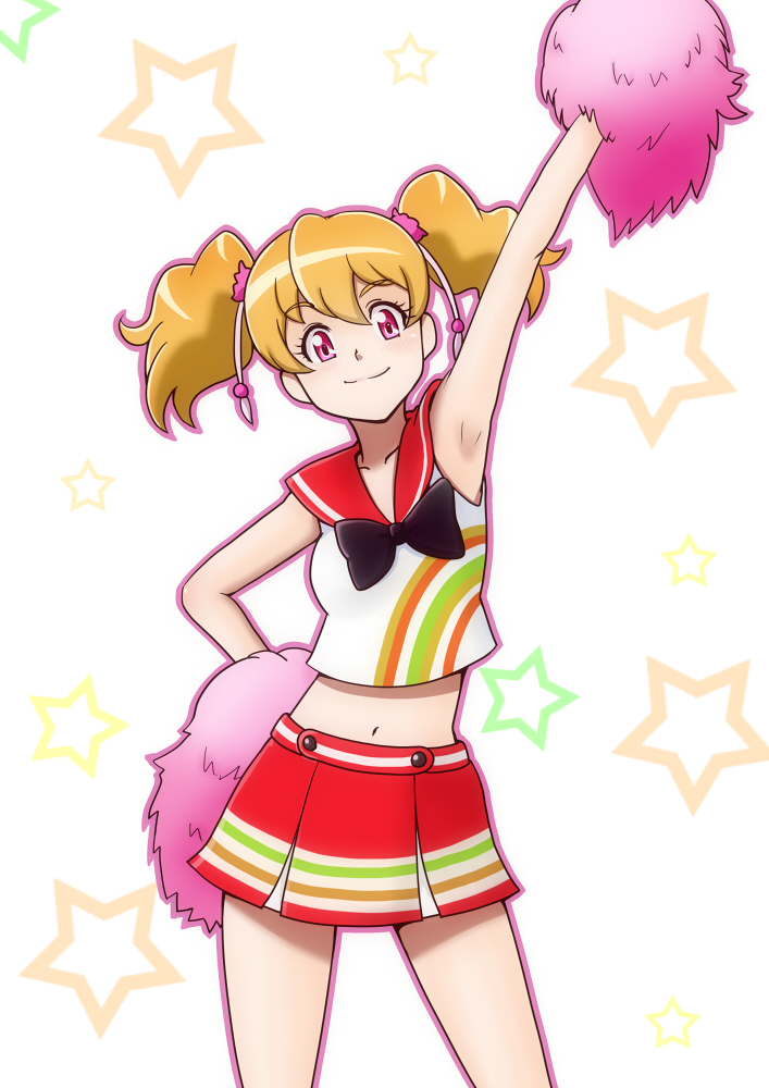 1girl bakusai black_bow blonde_hair bow cheerleader closed_mouth female fresh_precure! hand_on_hip midriff momozono_love navel pink_eyes pom_poms precure skirt smile solo twintails
