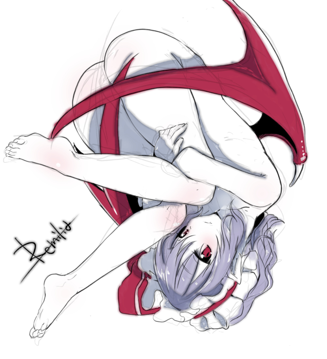 ass barefoot bat_wings blush full_body kedama_milk looking_at_viewer nude pale_skin pointy_ears red_eyes remilia_scarlet silver_hair simple_background sketch smile solo touhou upside-down white_background wings