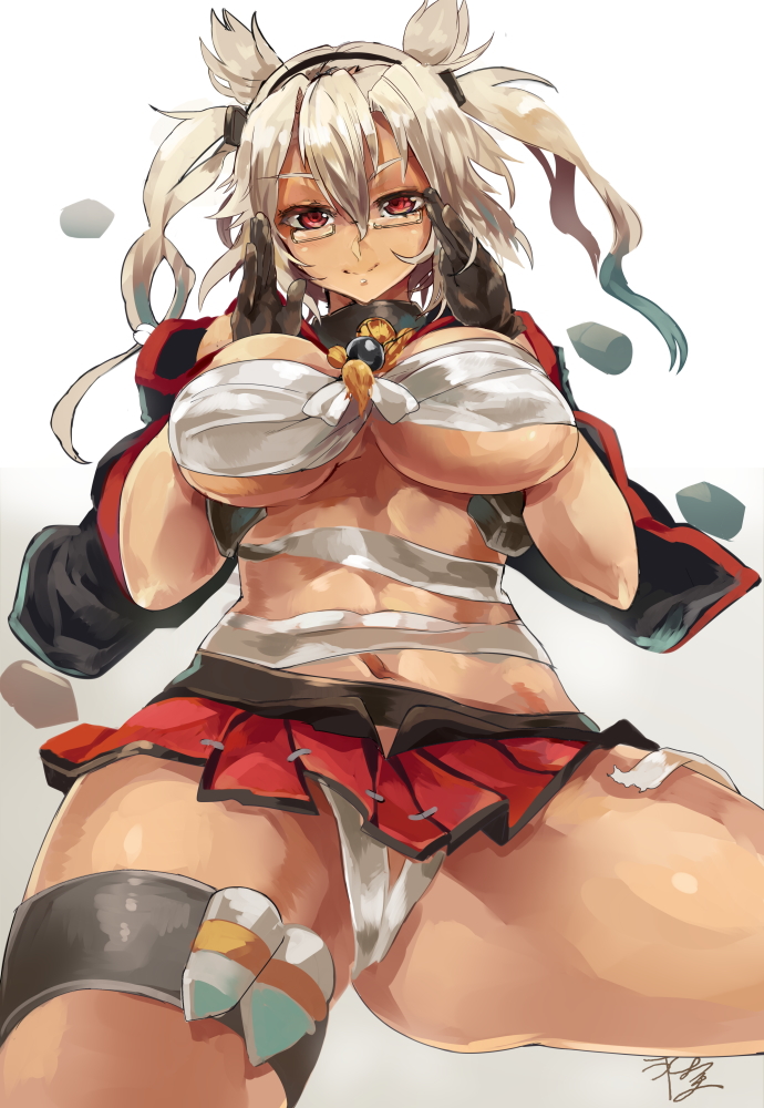 breasts dark_skin glasses himuro_(dobu_no_hotori) kantai_collection large_breasts looking_at_viewer miniskirt musashi_(kantai_collection) pointy_hair red_eyes sarashi skirt smile solo two_side_up