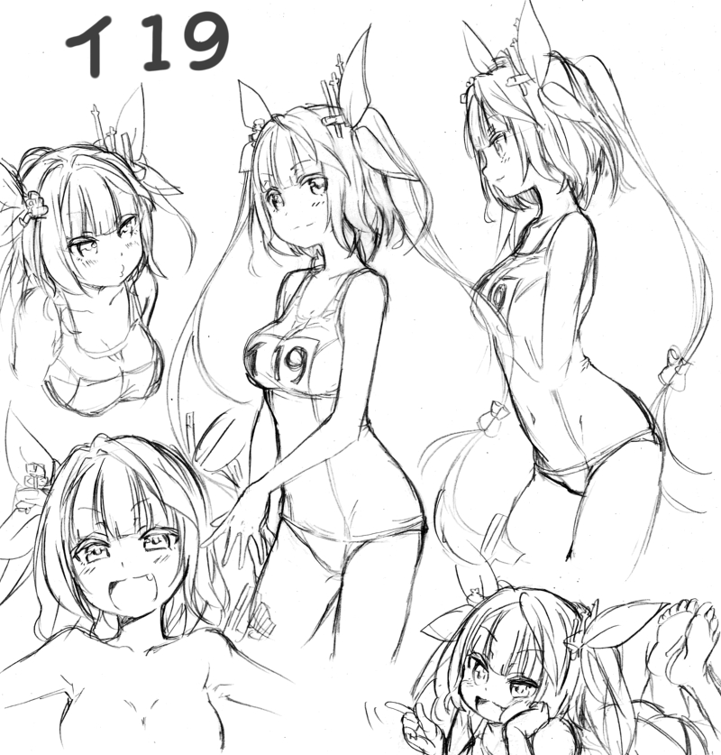 :3 :d barefoot blush breasts character_name cleavage fang greyscale hair_ribbon i-19_(kantai_collection) kantai_collection long_hair looking_at_viewer medium_breasts monochrome o3o one-piece_swimsuit open_mouth ribbon school_swimsuit sketch smile solo swimsuit twintails yanagida_fumita