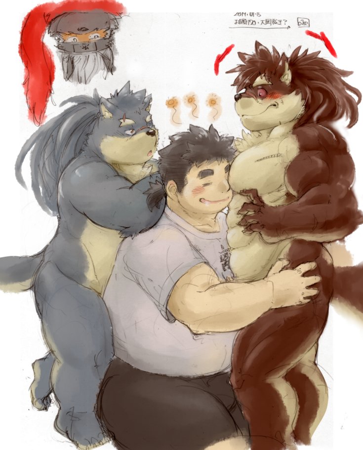 belly blush butt canid canine canis chubby_protagonist_(tas) cuddling dog exe_exem group group_sex hair long_hair male male/male mammal moritaka musclegut nude overweight ponytail scarf sex shino_(housamo) slightly_chubby tadatomo threesome tokyo_afterschool_summoners video_games
