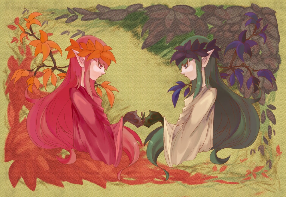 1girl androgynous autumn_leaves bangs blunt_bangs duel_monster from_side green_hair green_phantom_king head_wreath holding_hands interlocked_fingers leaf long_hair nature pointy_ears profile queen_of_autumn_leaves red_hair robe sidelocks sumi_tanto symmetry upper_body very_long_hair yuu-gi-ou