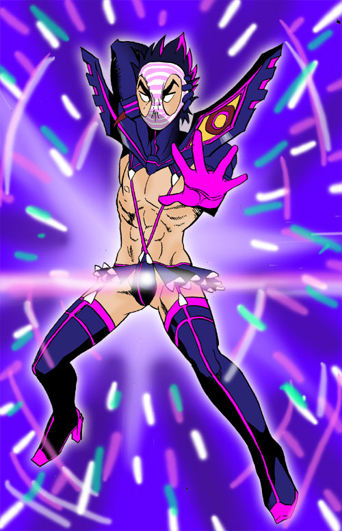 abs boots cosplay fabulous hentai_kamen high_heel_boots high_heels kill_la_kill male_focus manly no_pupils object_on_head panties panties_on_head senketsu solo striped striped_panties suspenders thigh_boots thighhighs underwear