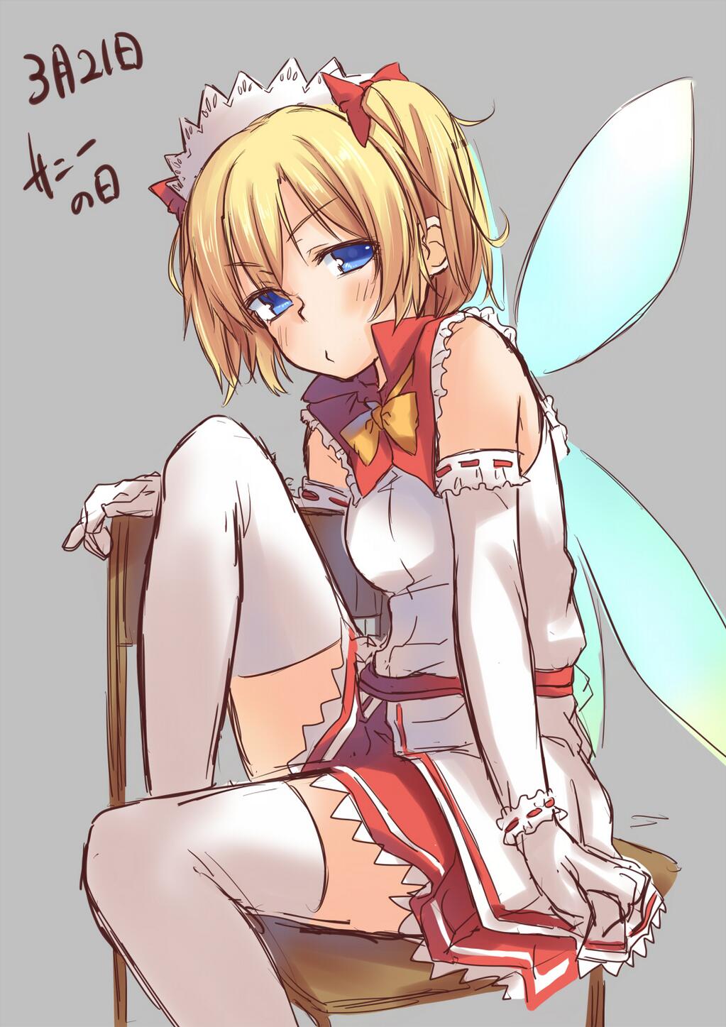 adapted_costume alternate_costume blonde_hair blue_eyes blush bow chair downscaled dress fairy fairy_wings frills gloves grey_background hair_bow hair_ornament headdress highres looking_at_viewer md5_mismatch resized sash short_hair simple_background sitting sleeveless solo spirytus_tarou sunny_milk text_focus thighhighs touhou twintails white_gloves white_legwear wings wrist_cuffs zettai_ryouiki